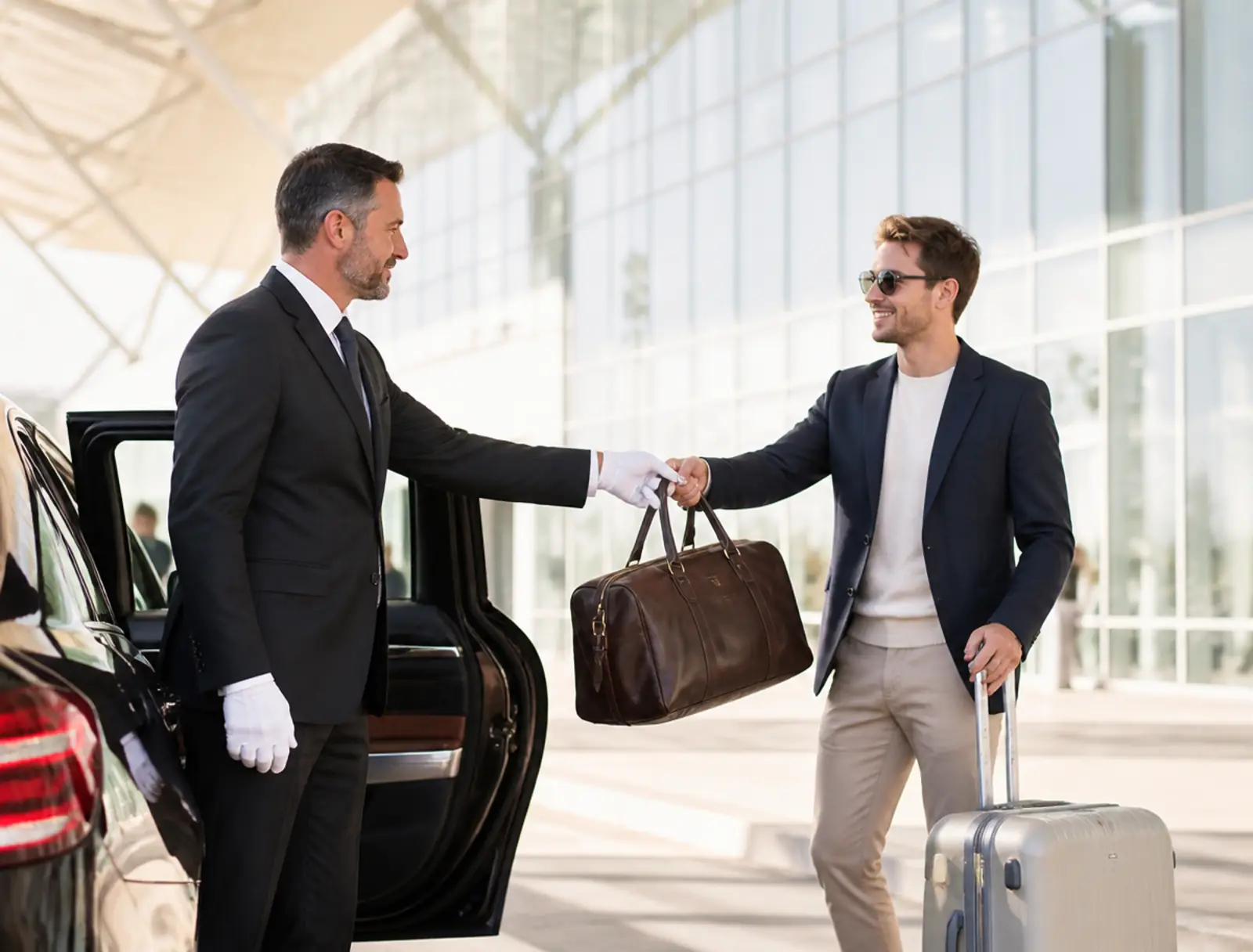 Chauffeur übernimmt Gepäck am Flughafen BSL