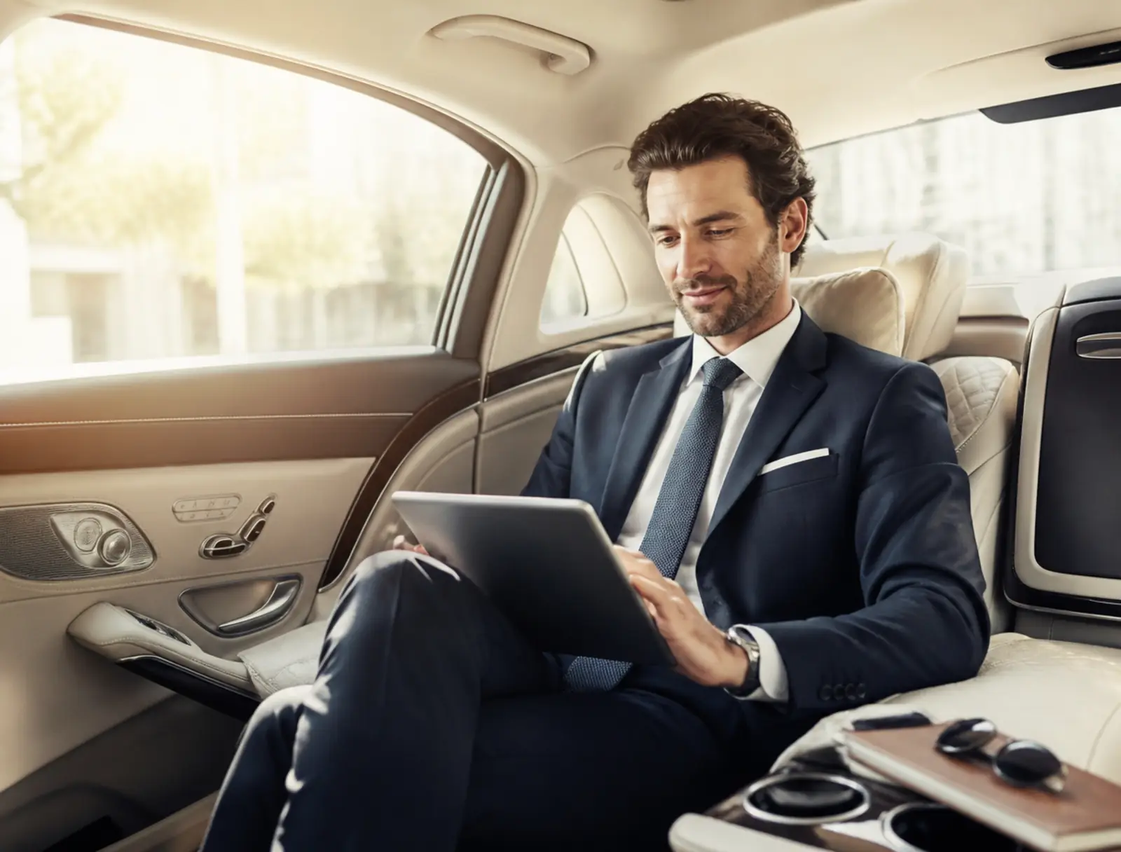 Geschäftsreisender arbeitet im Fond einer Limousine in Basel
